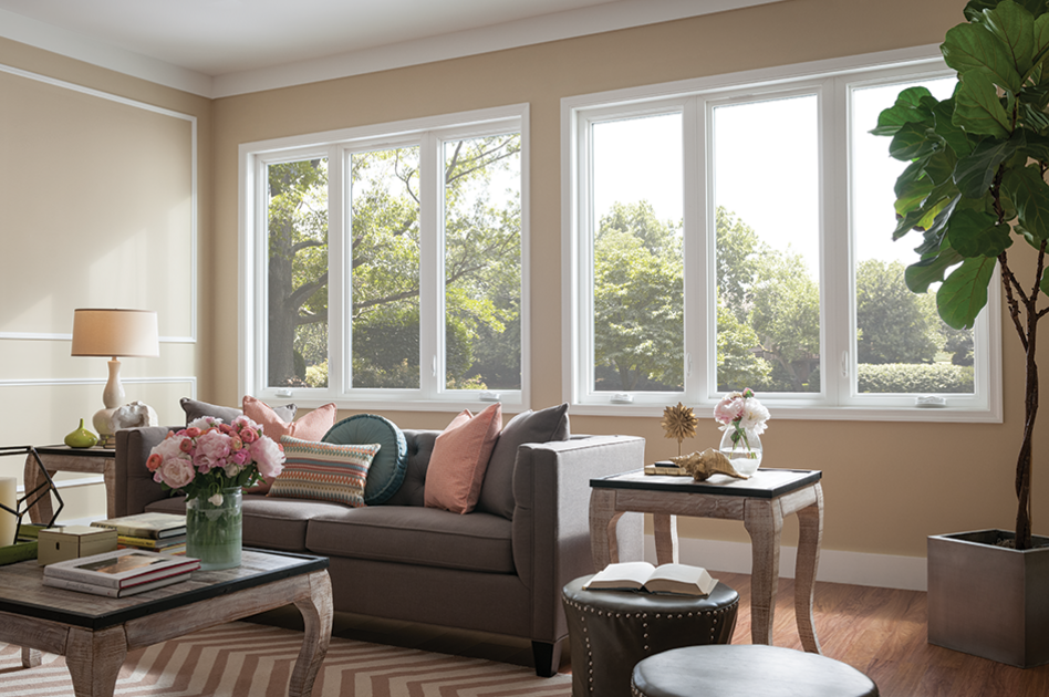 casement windows, living room, MI Windows and Doors
